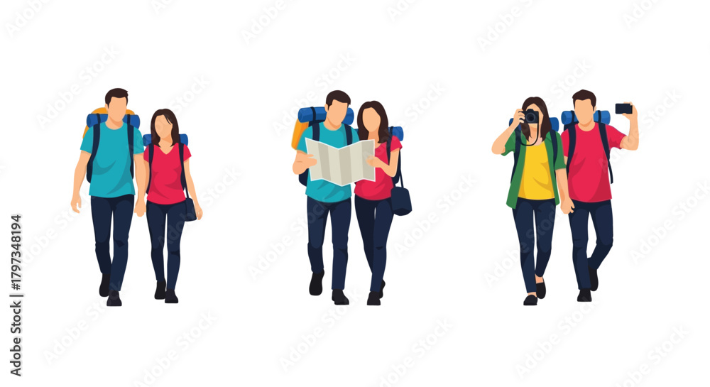 Fototapeta premium Group of hikers walking together using maps and taking pictures