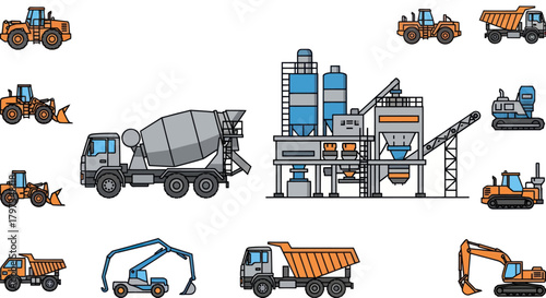 Illustrated set of heavy construction machinery including a concrete mixer truck and a batching plant.