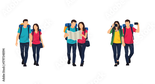 Group of hikers walking together using maps and taking pictures