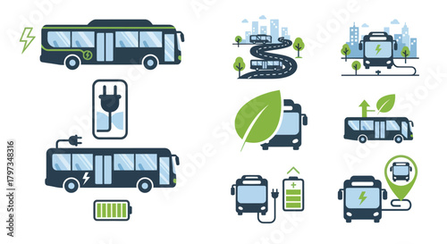 Eco-friendly Electric Bus and Sustainable Public Transport Illustrations.