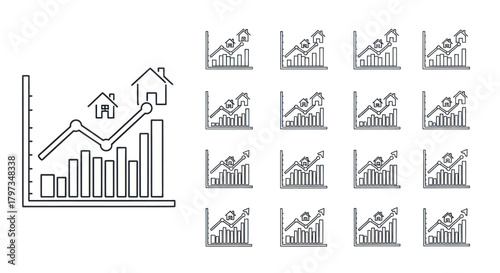 Hand-drawn bar and line graph illustrating upward real estate market trend with house icons.