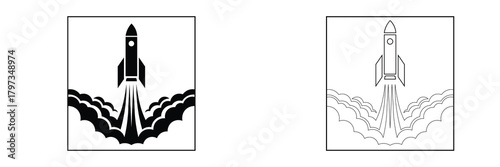 Rocket launch symbol icon set with solid and outline designs