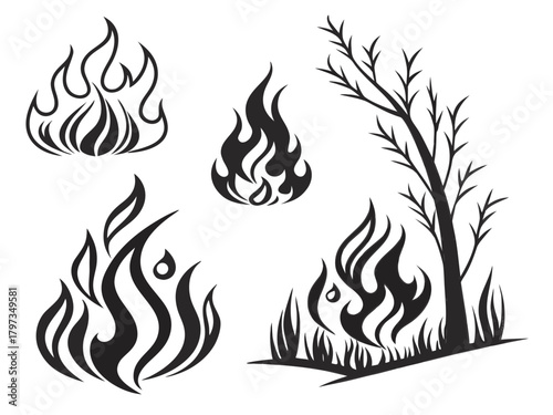 Monochrome Illustration of Flames and a Barren Tree Evoking Themes of Destruction and Renewal