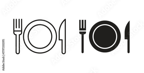 Cutlery icon in line design and solid black and white colors for designs