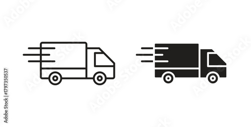 Delivery van icon in line design and solid black and white colors for designs