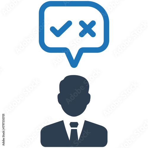 Decision-Making Icon: A simple illustration of a person with a thought bubble above their head, showcasing the concepts of choice, right, and wrong, decision-making and analysis.