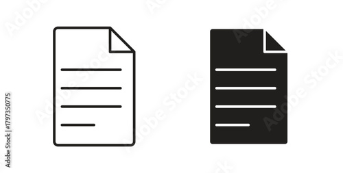 Document icon in line design and solid black and white colors for designs