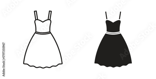 Dress icon in line design and solid black and white colors for designs