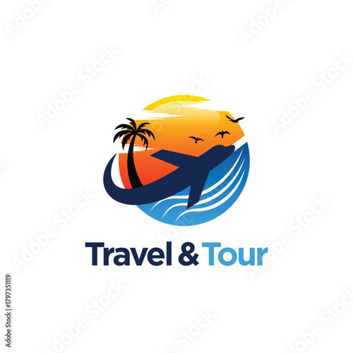 Travel and tour company logo design, with plane and beach on circle background