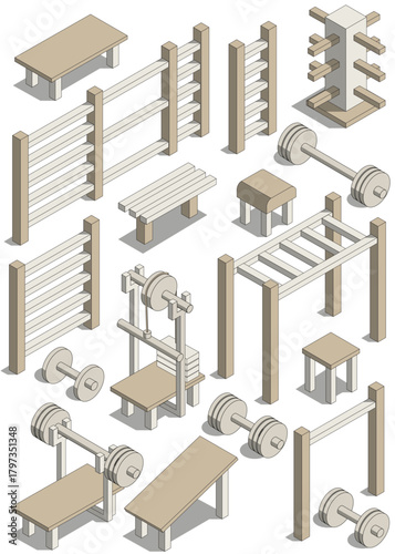 A set of sports equipment. Isometric. Isolated on white background. Vector illustration.