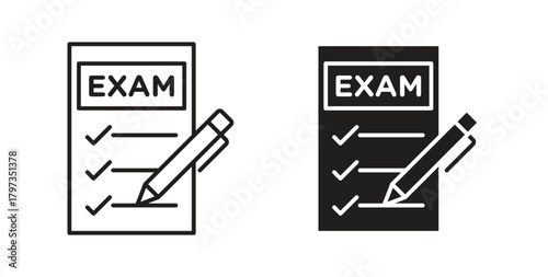 Exam icon in line design and solid black and white colors for designs