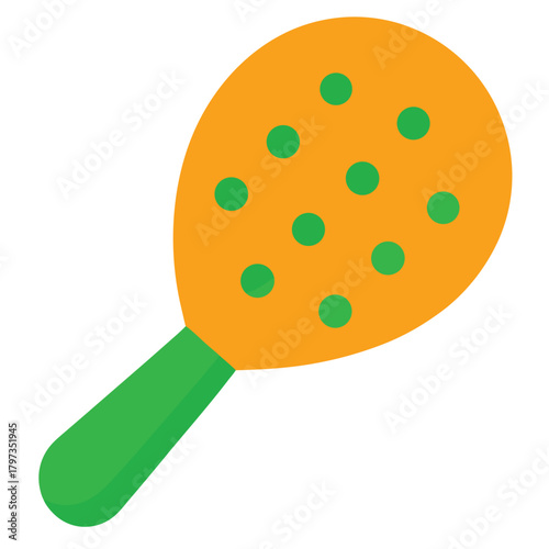 Orange maraca with green handle and dots