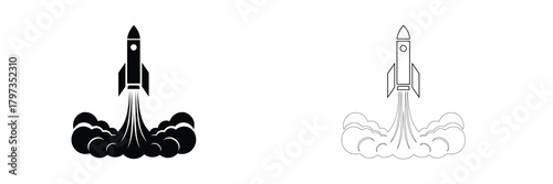 Launching rocket symbols with smoke effect, solid and outline.
