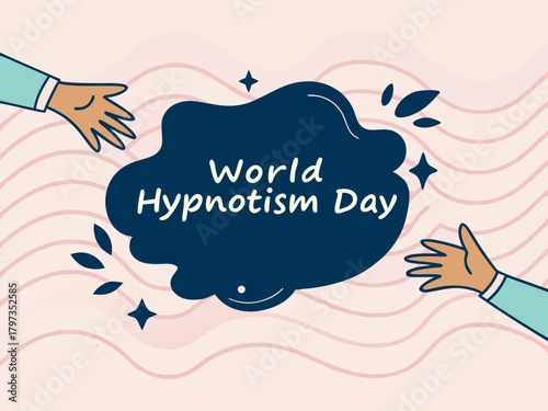 World Hypnotism Day Illustration with Hands and Stars on a Pink Wavy Background