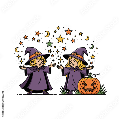 Happy Little Witches Conjuring Magic with Stars and Moons Beside a Spooky Jack-o'-Lantern Pumpkin. Cute Halloween Cartoon Illustration.