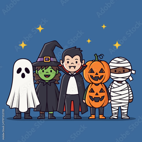 Adorable Halloween Characters in Spooky Costumes: Ghost, Witch, Vampire, Pumpkin, and Mummy Illustration for Festive Celebrations
