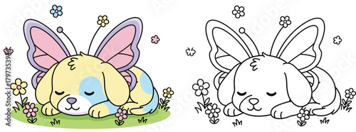 Sleeping Butterfly Puppy in a Field of Flowers - Peaceful and Cute Fantasy Coloring Page for Kids