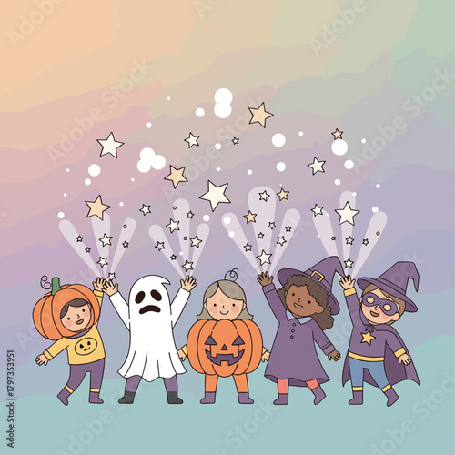 Adorable Kids in Halloween Costumes Waving Magical Star Wands, Festive Children's Celebration with Sparkles on Pastel