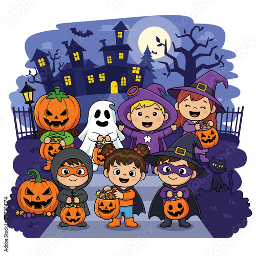 Joyful Children in Halloween Costumes Trick-or-Treating at Spooky House Under Full Moon Illustration