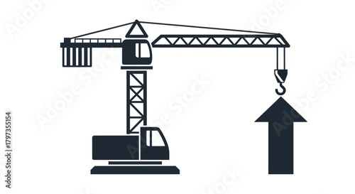 Silhouette of a Construction Crane with Arrow Pointing Upwards.