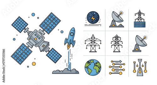 Flat Line Icons: Space Communication and Energy Technology.