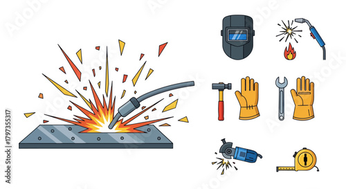 Welding Process with Equipment and Safety Gear Illustration.