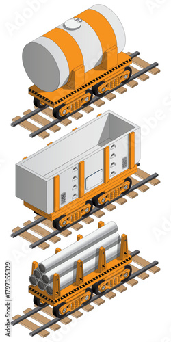 Set of railway carriages. Isometric. Isolated on white background. Side view. Vector illustration.