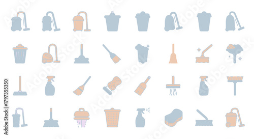 Cleaning Icons Set: Vacuum Cleaners Brooms Buckets and Sprays for Household Chores.