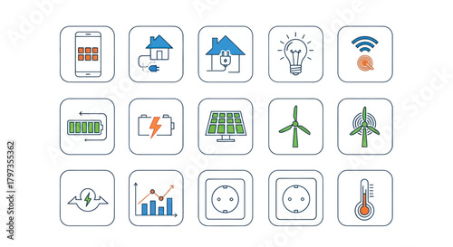 Collection of Smart Home and Energy Icons in Outlined Style.