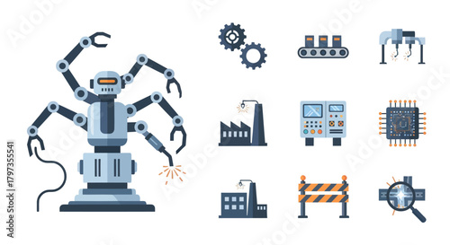 Industrial Robot with Multiple Arms Performing a Task.