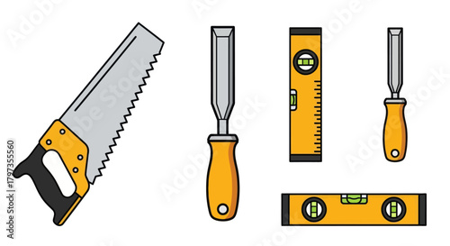 Assortment of Hand Tools: Saw Chisels and Levels.