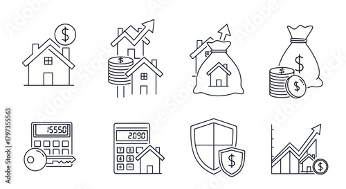 Hand-drawn sketch icon set for real estate property investment finance and mortgage concepts.