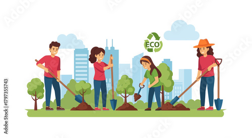 A group of young volunteers planting trees in a city park for an environmental eco project.