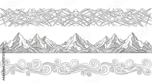 Serene Mountain Range Hand-Drawn Vector Pattern Background Element