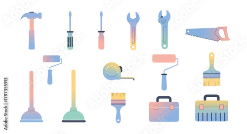 Gradient-colored construction and repair hand tools set.
