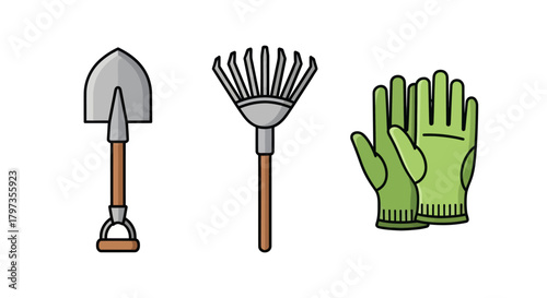 Gardening Tools: Shovel Rake and Gloves for Yard Work and Outdoor Maintenance.