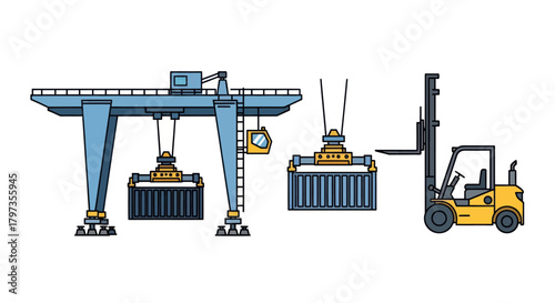 Port cargo handling equipment illustration with gantry crane container and forklift.