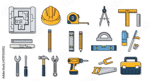 Construction Tools Set: Blueprint Hard Hat Tape Measure Compass and More.