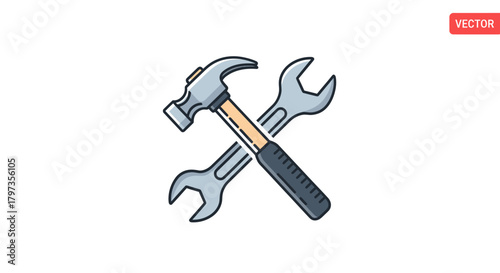 Crossed Hammer and Wrench: Hand Tools for Repair and Construction.