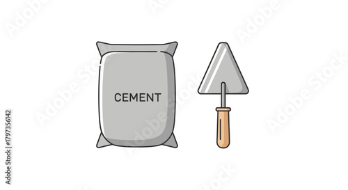 Grey cement bag and masonry trowel construction illustration.
