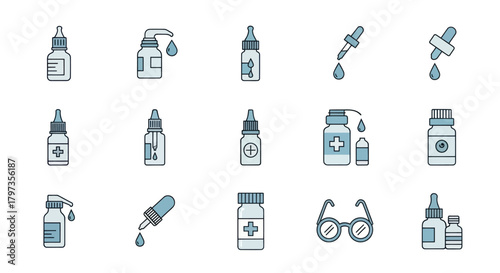 Collection of Medicine Bottles and Droppers with Medical Crosses.
