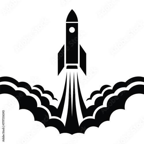 Rocket launch icon with smoke trail; simple flat vector design