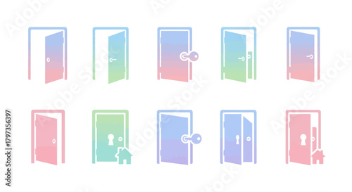 Collection of stylized open and closed doors with gradient colors.