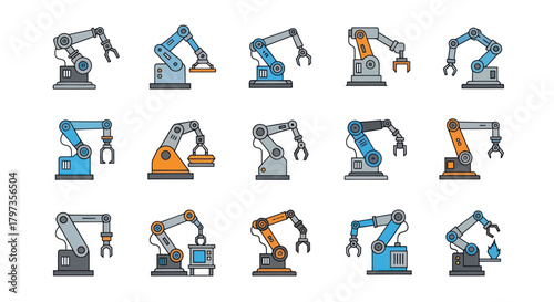 Collection of diverse industrial robotic arms icons automation technology set.