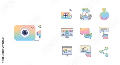 Watercolor-Style Digital Camera with Lens and Microphone.