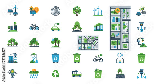 Diverse Collection of Eco-Friendly Icons Representing Environmental Protection and Sustainable Living.