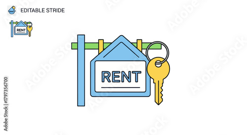 Blue House Shaped Sign with RENT and Golden Key.