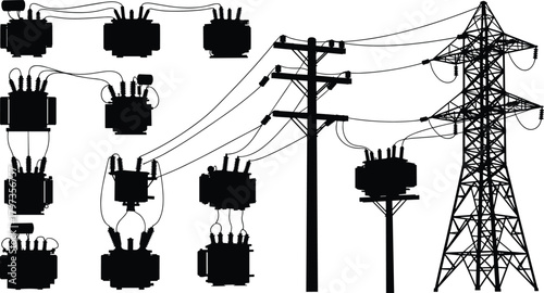 Silhouette vector illustration of electrical transformers, utility poles, and transmission towers—energy grid infrastructure layout for power distribution and engineering reference