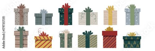 Vector set of various colorful packed Christmas present boxes in flat style, isolated on a white background.