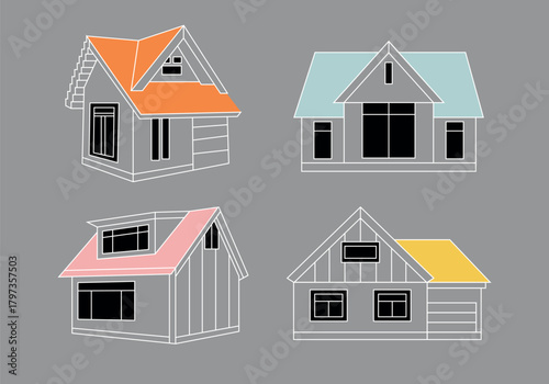 Various colorful flat small houses of different shapes, sizes and angles with colorful roofs in cartoon comic style. Creative set of freehand illustration of homes, buildings, windows, doors roofs.